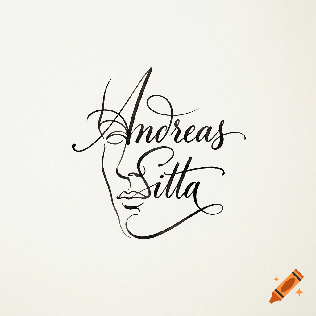 Calligraphy spelling Andreas Sitta, forming a stylized human face profile on white paper.