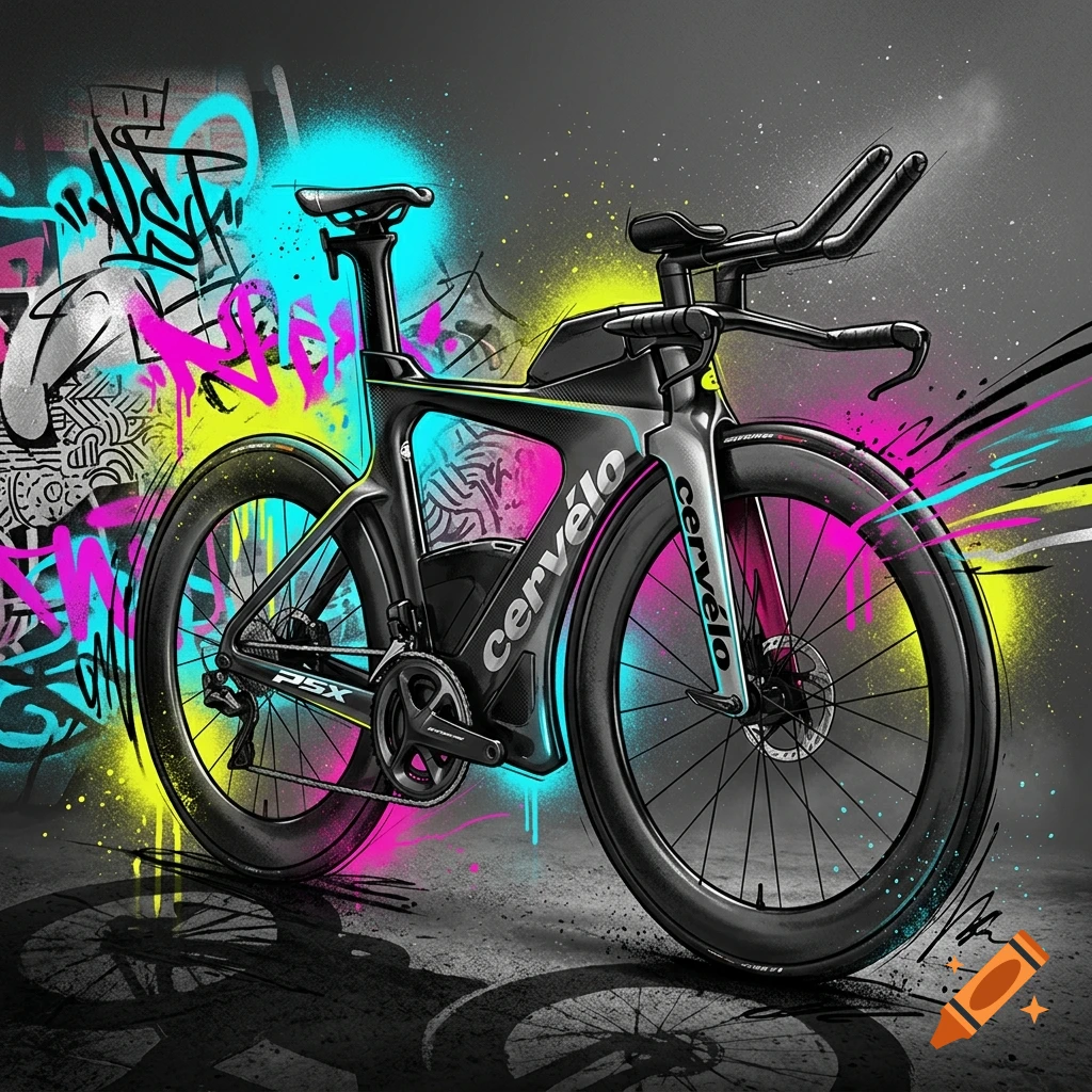 A stylized digital illustration of a Cervélo triathlon bicycle against a vibrant graffiti wall with neon paint splatters.