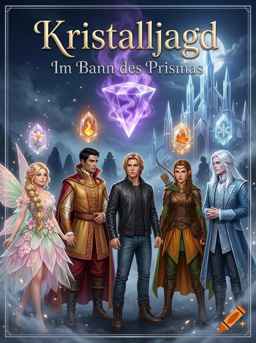 A fantasy book cover featuring five diverse characters, floating glowing crystals, and a majestic castle under a dark sky.