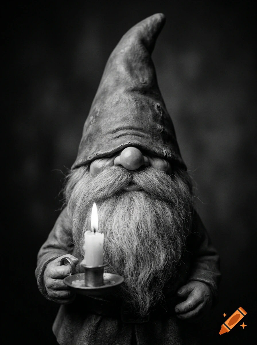 Black and white photo of a detailed garden gnome figurine holding a lit candle, with a hat covering its eyes.