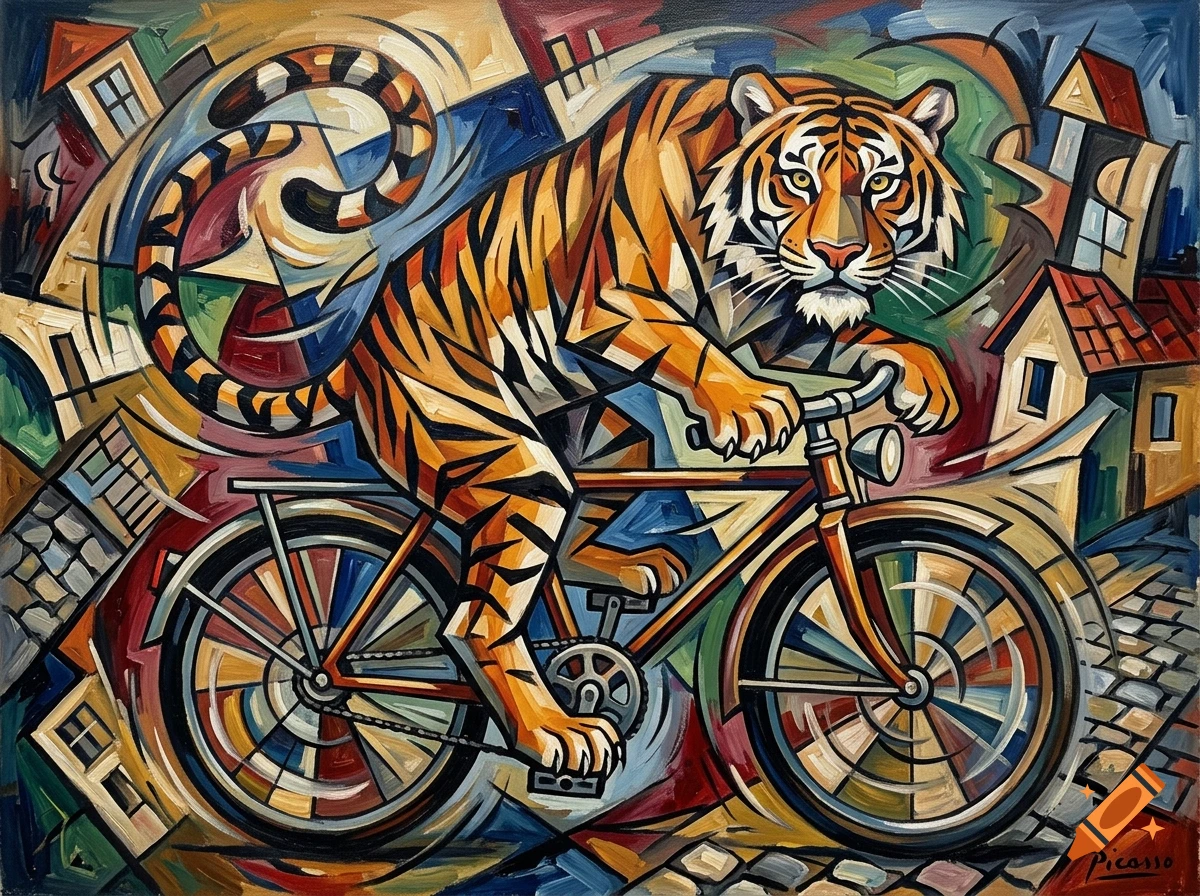 An abstract, cubist-style oil painting of a tiger riding a bicycle through a stylized European town.