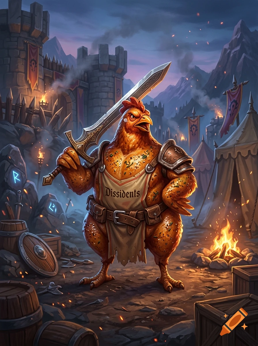 An anthropomorphic, muscular chicken warrior in armor and a tunic labeled Dissidents holds a large sword, standing in a medieval fantasy camp with tents, barrels, and a stone fortress in the background.