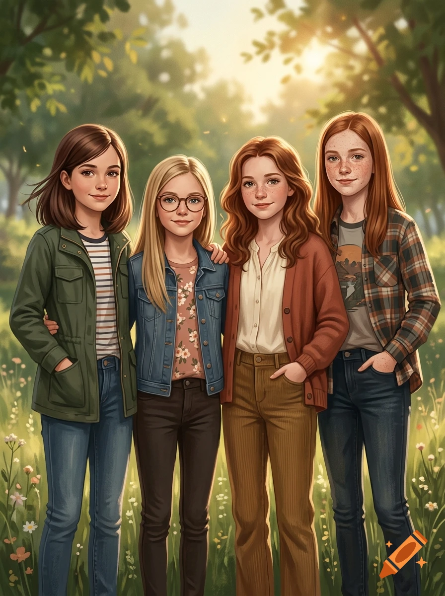 Four young women standing together in a grassy, sunlit meadow with trees in the background.