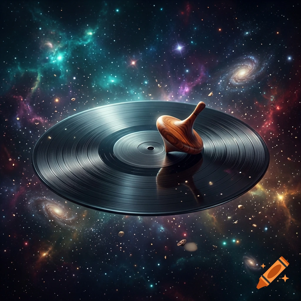 A classic vinyl record floating in deep space with a wooden spinning top on it, surrounded by nebulae and stars.