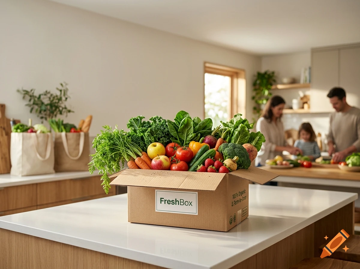 A cardboard box labeled FreshBox overflowing with fresh fruits and vegetables sits on a kitchen island, with a family preparing food in the background.