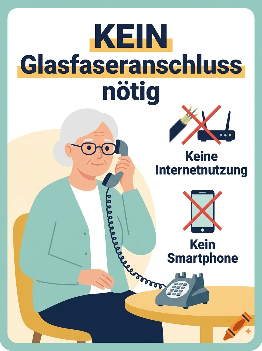 Illustration of an elderly woman talking on an old-fashioned telephone, with crossed-out icons for internet and smartphones and German text.