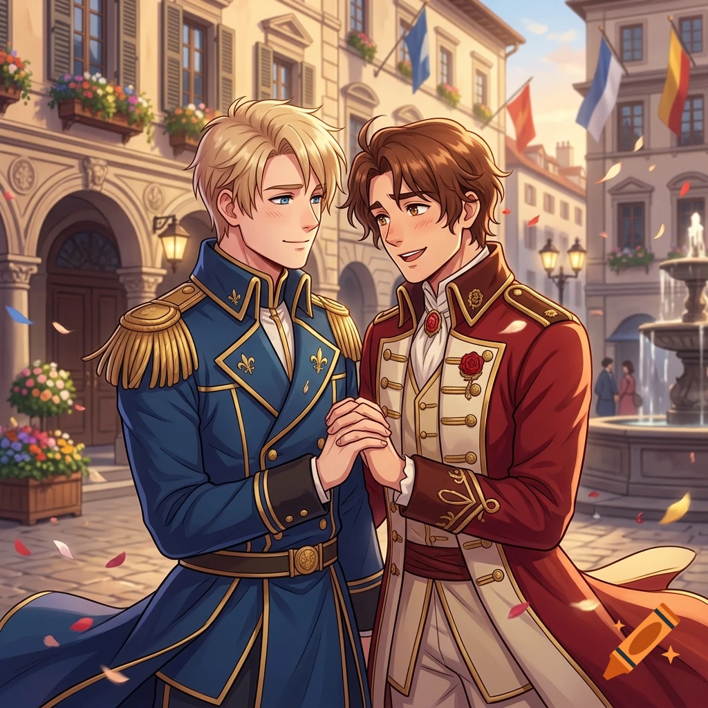 Anime style illustration of two young men in historical military uniforms holding hands in a European city square.