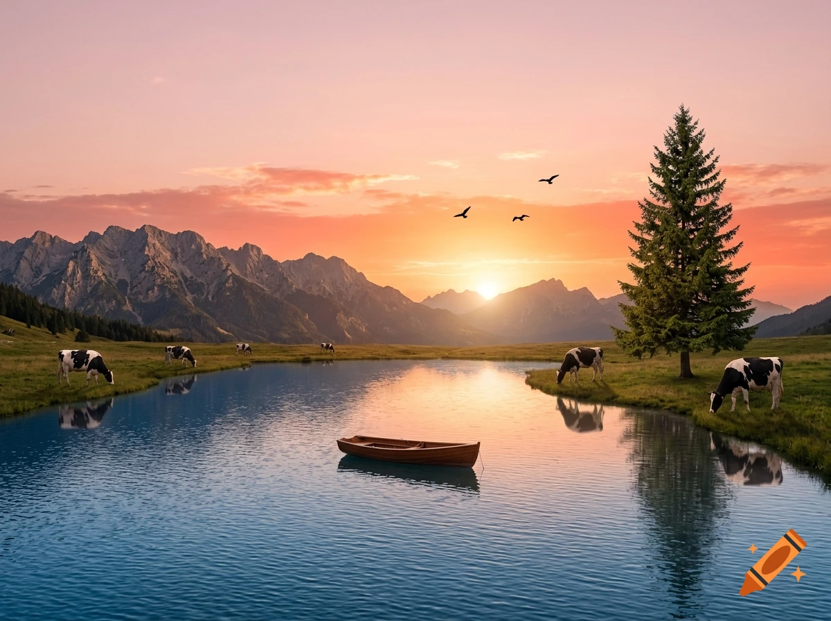 A serene alpine landscape at sunset featuring a calm lake with a small wooden boat, grazing cows on the grassy shore, distant mountains, and birds flying in the pink and orange sky.