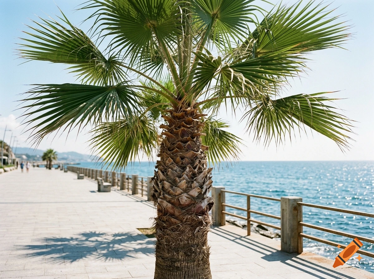 A palm tree stands on a paved promenade along the ocean coast on a sunny day.