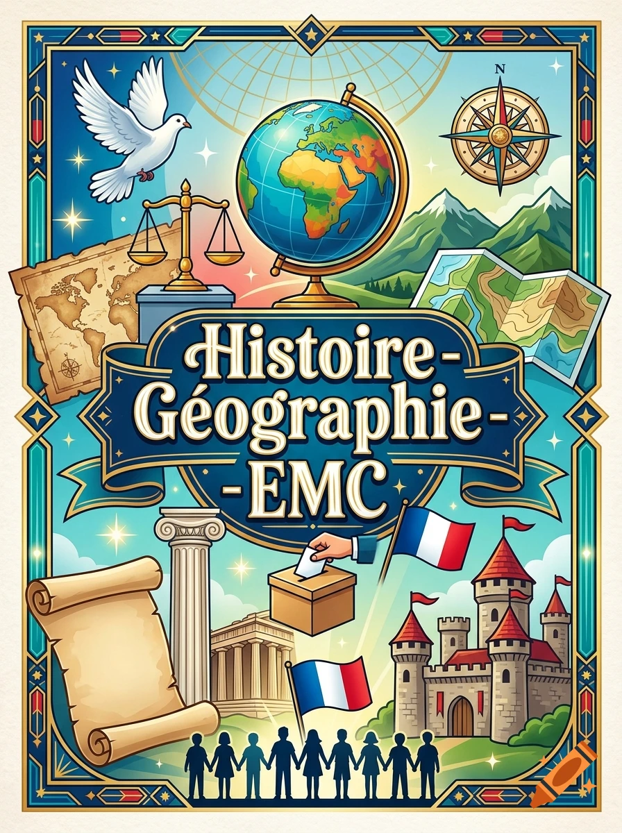 Colorful educational poster for history, geography, and civic education with a globe, castle, French flags, and symbols.