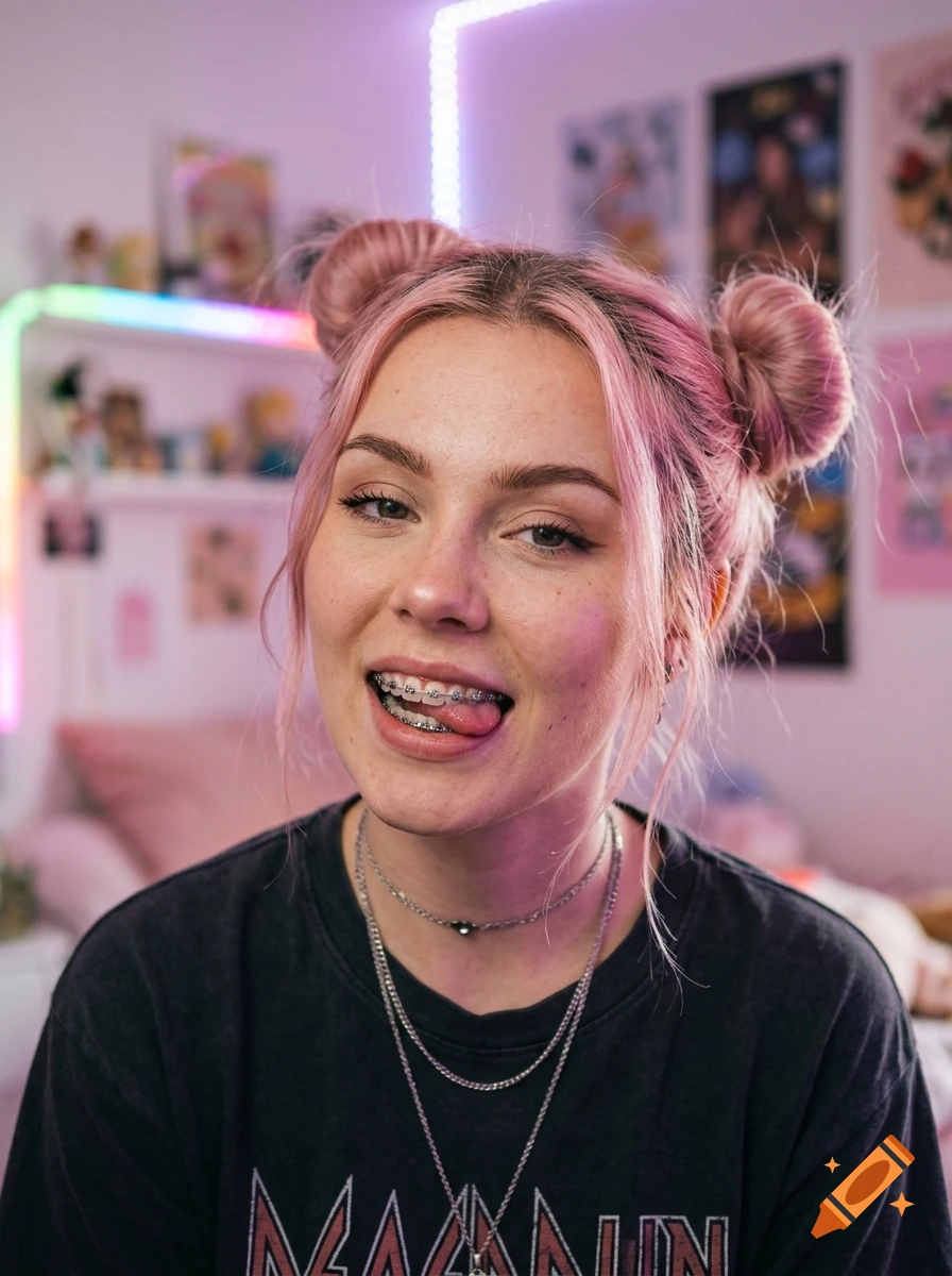 Close-up portrait of a young woman with pink hair in space buns, wearing braces and a black t-shirt, sticking her tongue out.