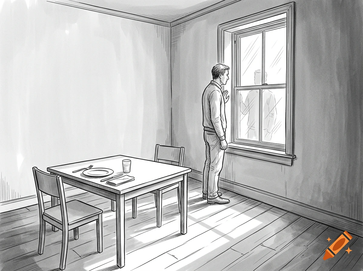 Black and white line drawing of a man looking out a window in an empty room with a set table.