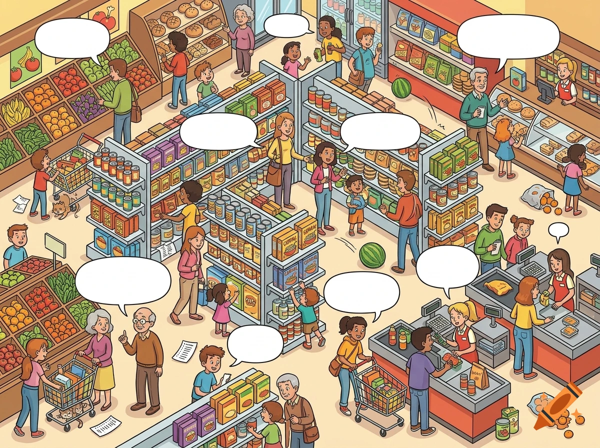 Colorful cartoon isometric hidden-object puzzle of a crowded supermarket filled with diverse shoppers and empty speech bubbles.
