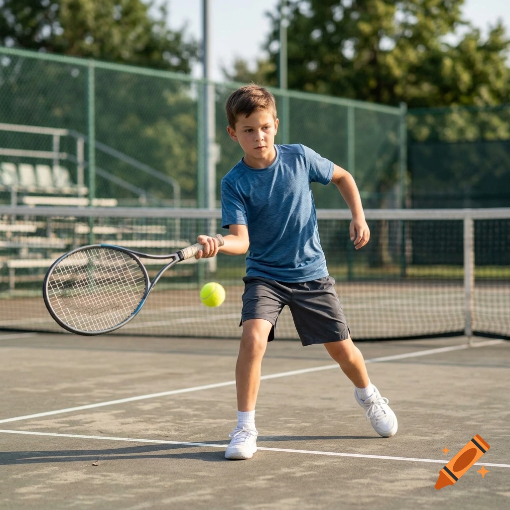 Photorealistic image of a young boy playing tennis on an outdoor court, holding a racket and tracking a tennis ball.