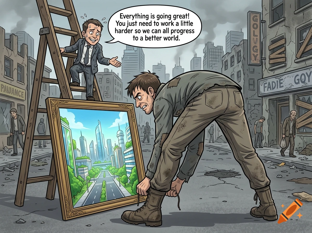 Cartoon illustration of a man tying his boots while looking at a framed pristine city, with a politician on a ladder in a ruined city.
