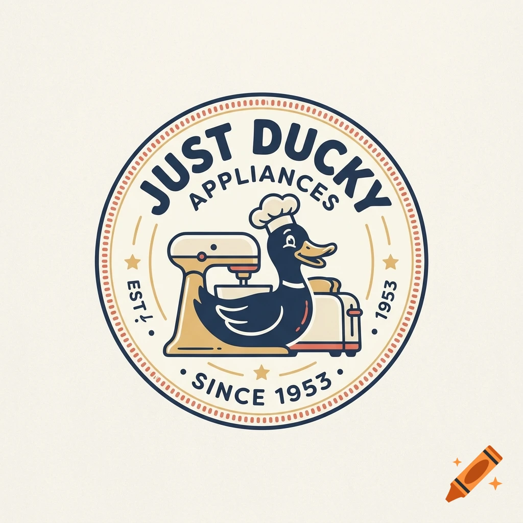 Vintage style circular logo featuring a cartoon duck in a chef hat with kitchen appliances and text.