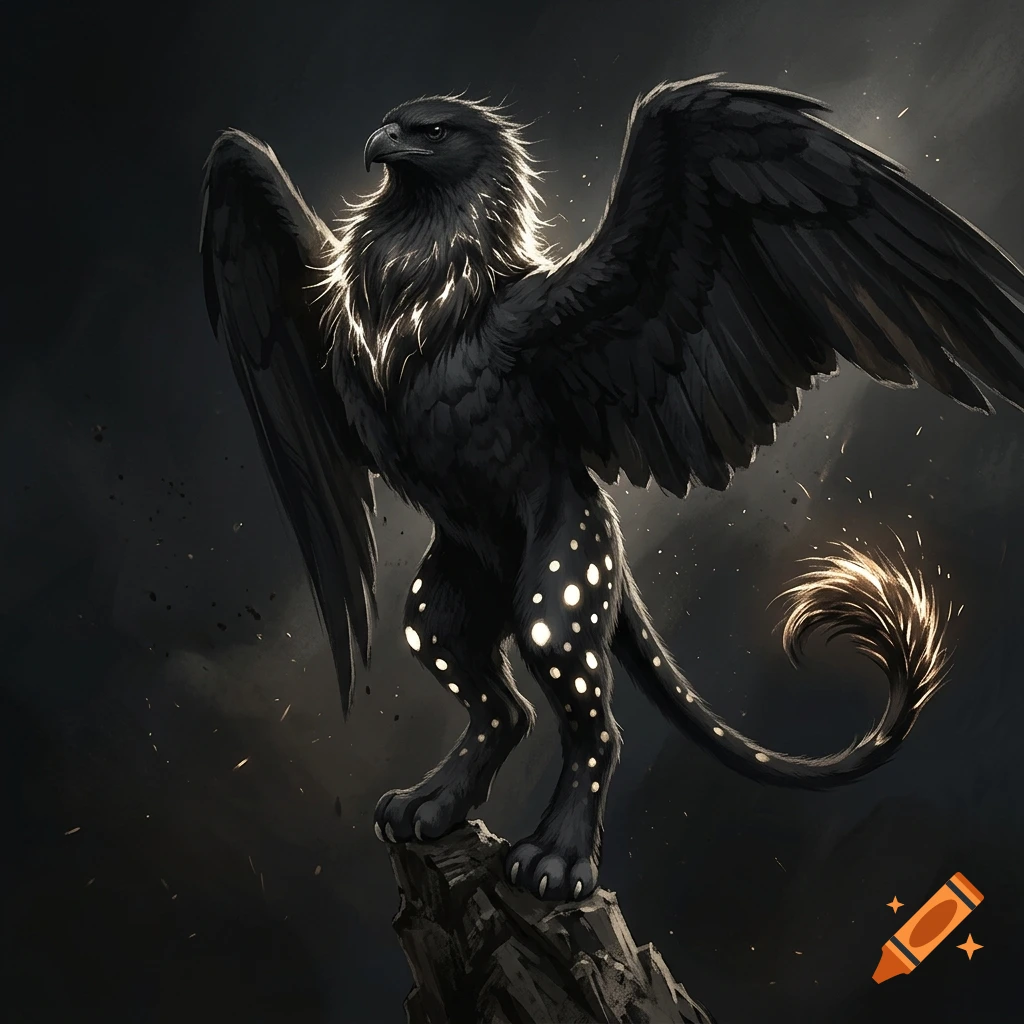 Painterly concept art of a black chimeric creature with raven wings and a cat tail perched on a rock.