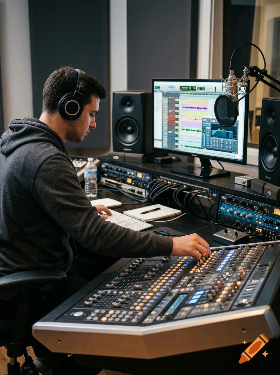 Photorealistic image of a man wearing headphones, adjusting knobs on a large audio mixing console inside a recording studio.