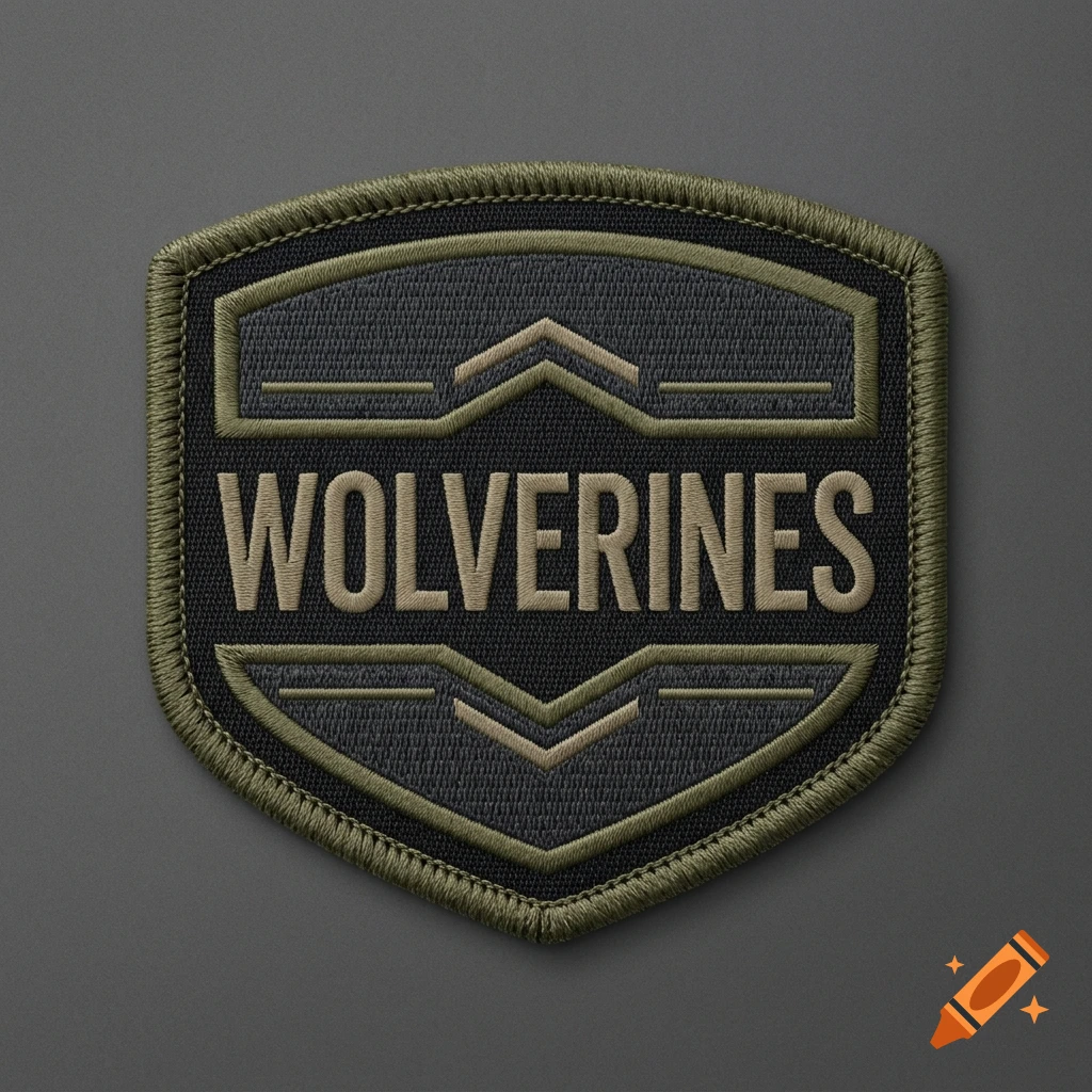 An embroidered military style patch with the text WOLVERINES in tan on a dark gray and olive green background.