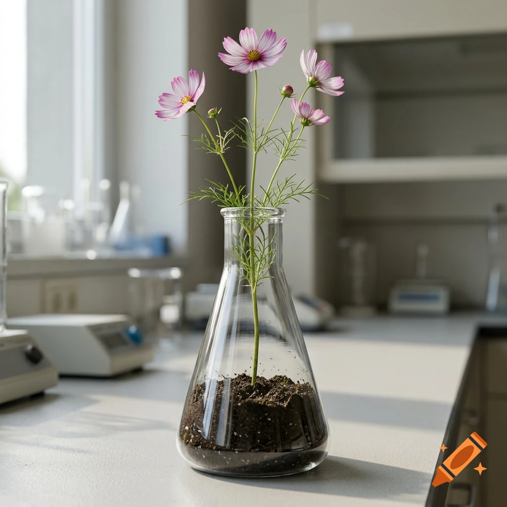 Photorealistic image of cosmos flowers growing in a soil-filled Erlenmeyer flask on a laboratory counter.