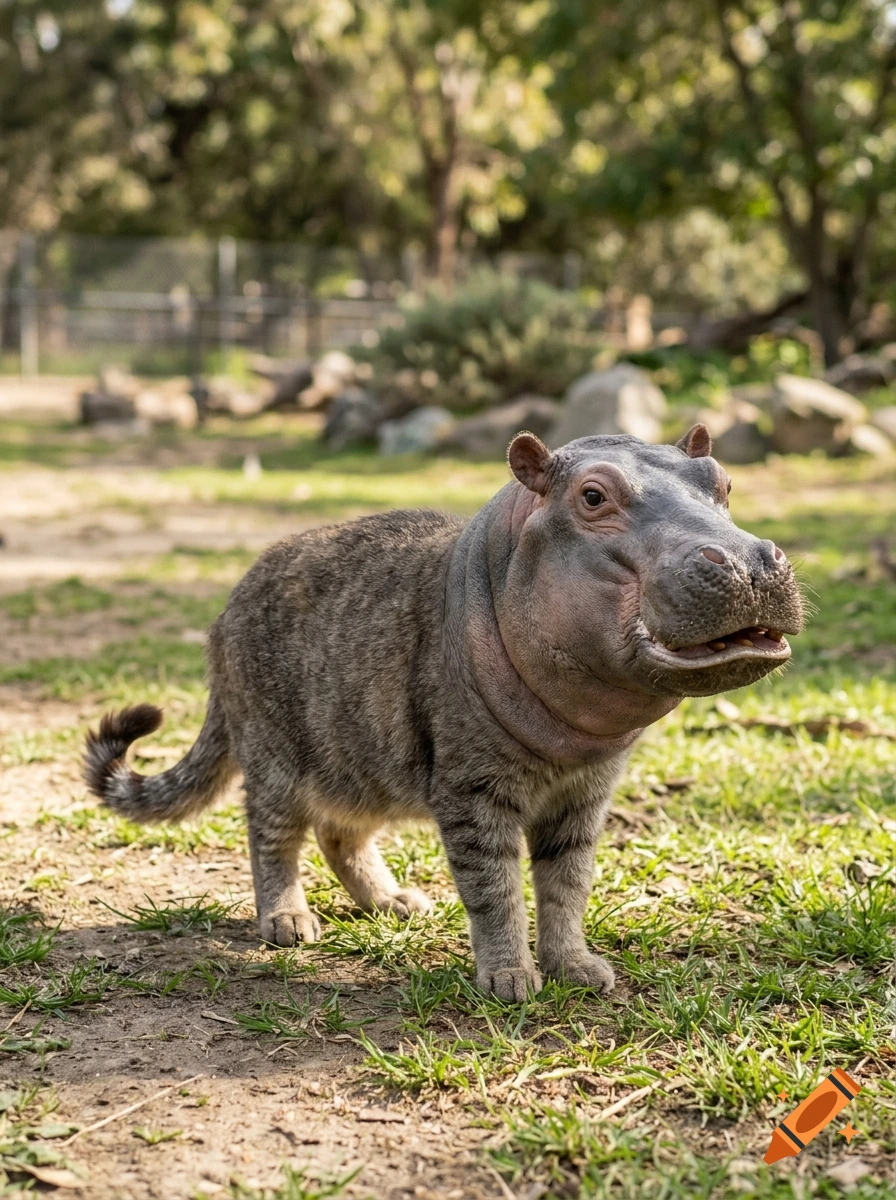 A fictional hybrid creature with the head of a hippopotamus and the furry, striped body of a cat standing on a grassy ground outdoors.