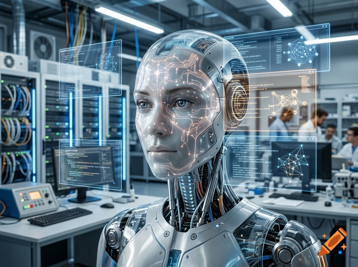 Photorealistic close-up of an AI humanoid robot with glowing circuits in a futuristic lab setting with holographic code displays.