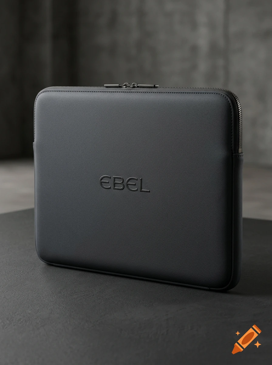 Photorealistic dark grey EBEL branded laptop sleeve on a dark surface against a textured grey background.