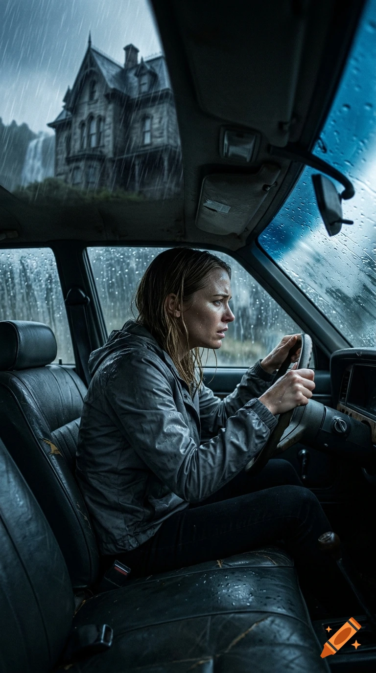 A woman with a tense expression drives a car in the rain, looking toward a dark, imposing house visible through the windshield.