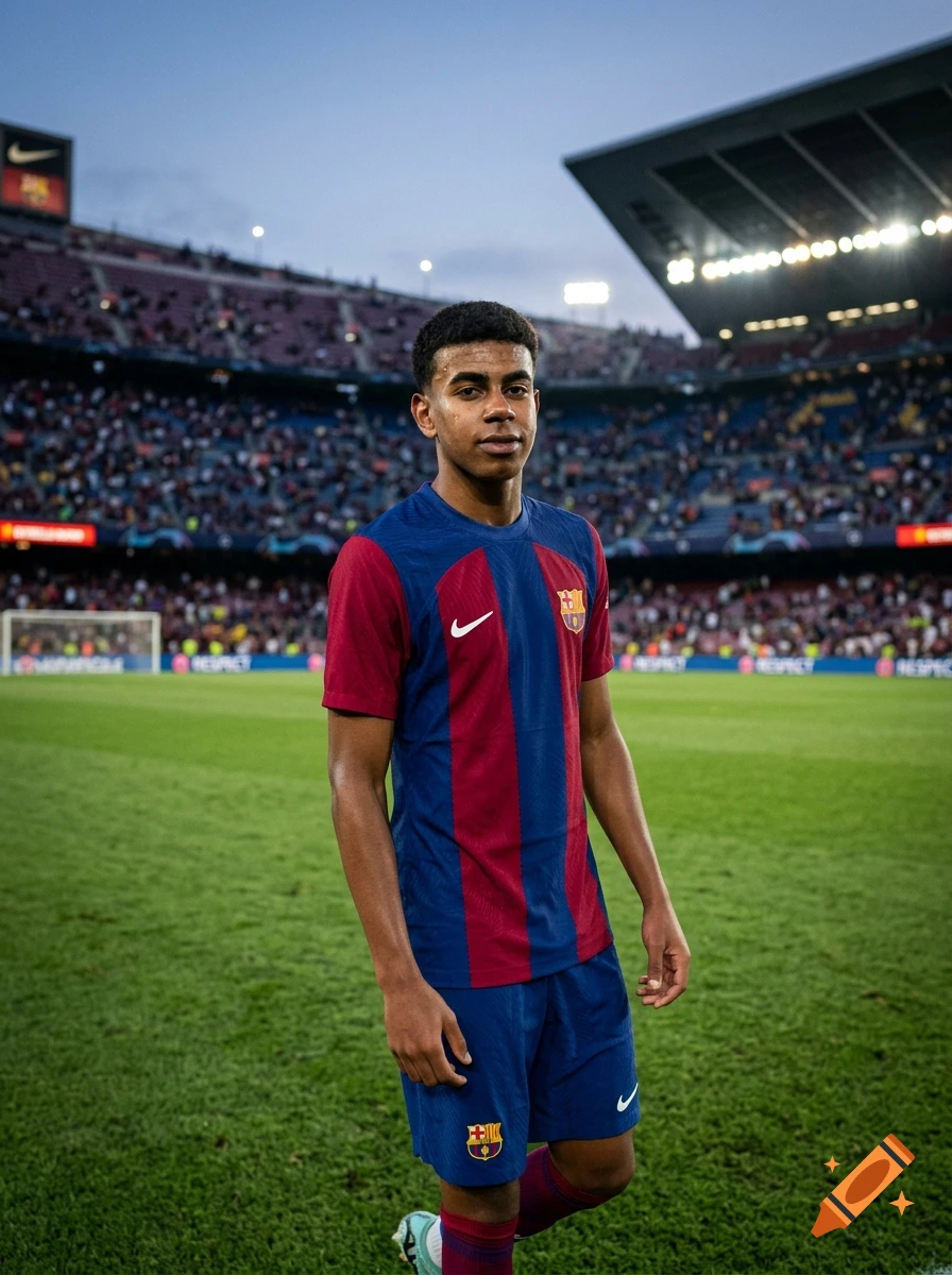 A young male soccer player standing on a stadium pitch, wearing a blue and red striped jersey and matching shorts, with a packed stadium and floodlights in the background.