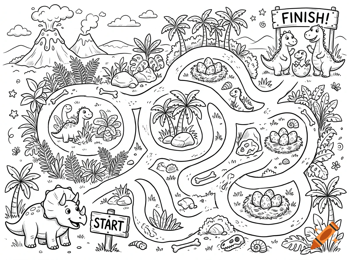 Black and white coloring page featuring a dinosaur maze with a start and finish line.