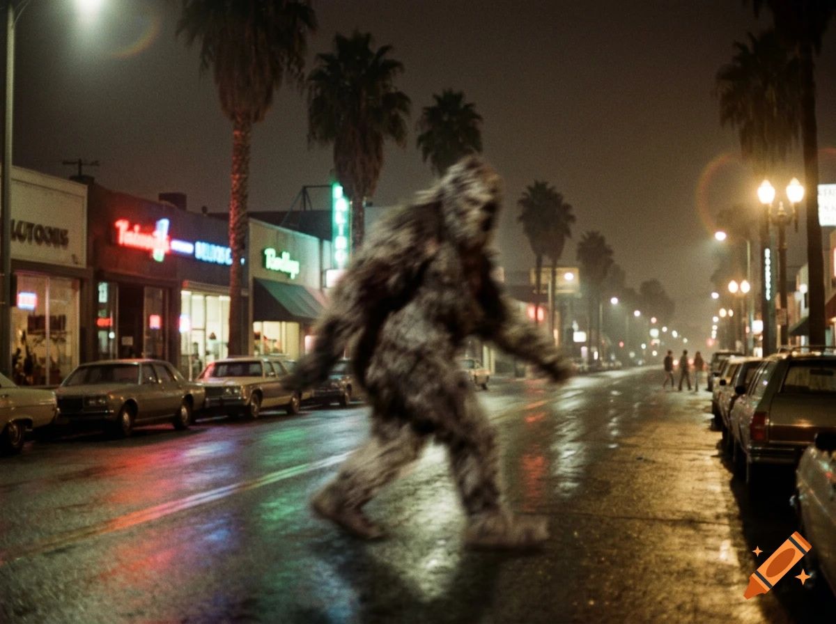 Blurry, grainy photo of Bigfoot walking across Melrose Avenue in Hollywood at night.