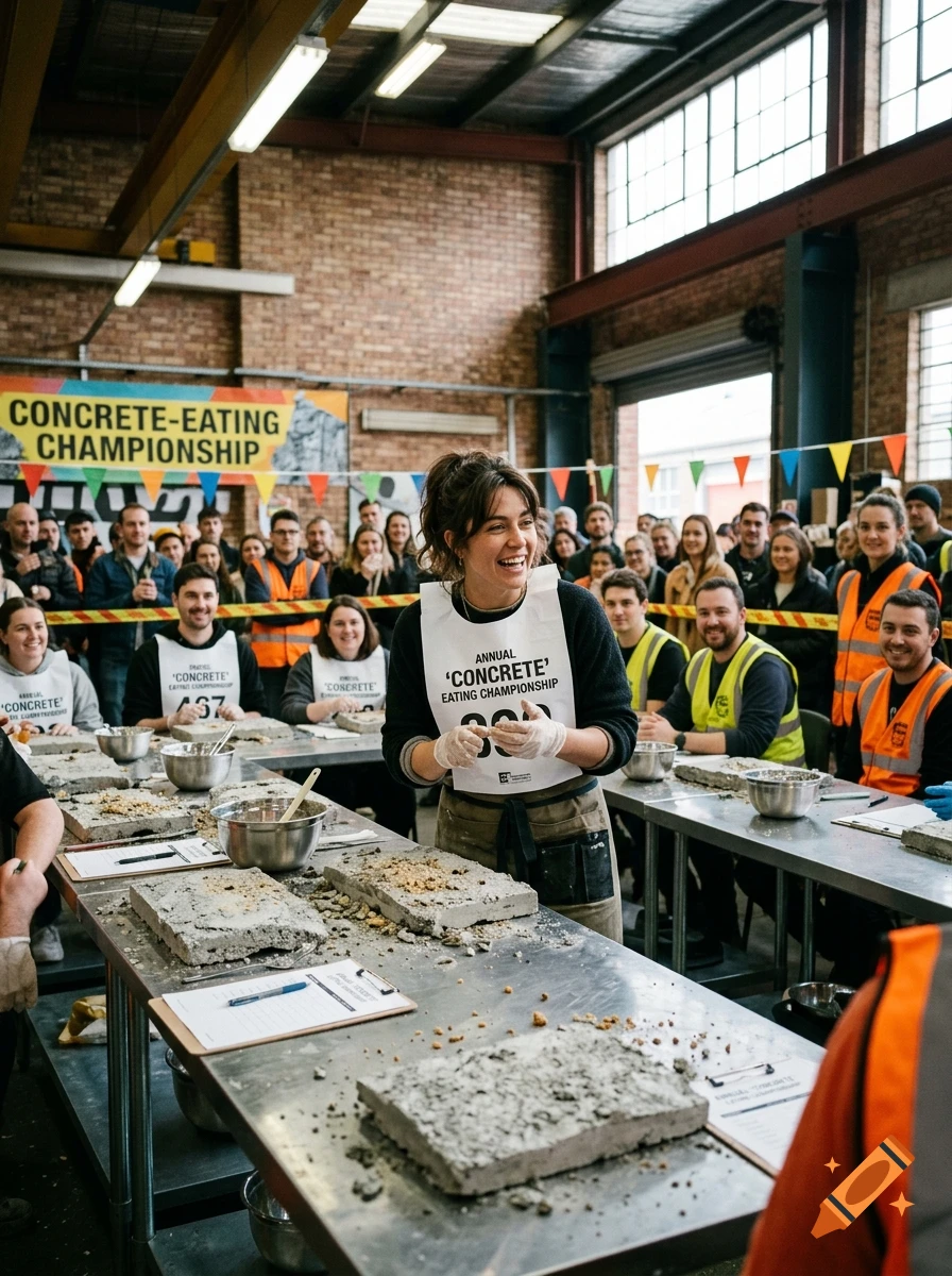 Photorealistic scene of a smiling woman participating in an annual concrete eating championship, surrounded by cheering spectators and contestants.