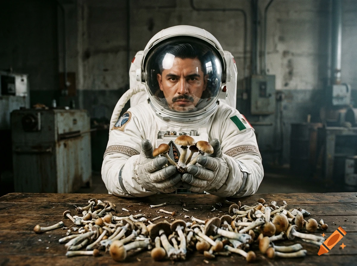 An astronaut wearing a white spacesuit and helmet, holding mushrooms above a wooden table covered in more mushrooms inside an industrial workshop.