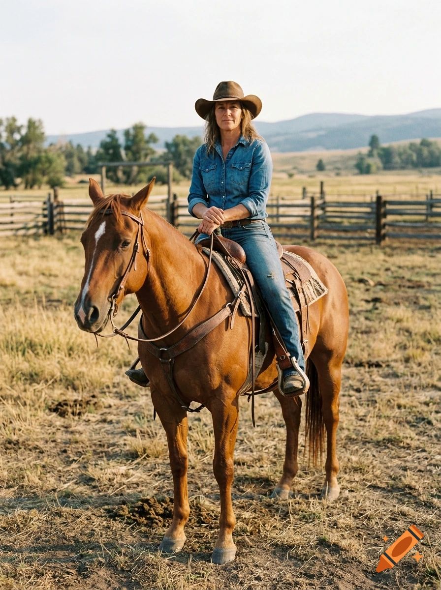 Photorealistic image of a woman in a cowboy hat and denim shirt sitting on a brown horse in a pasture.