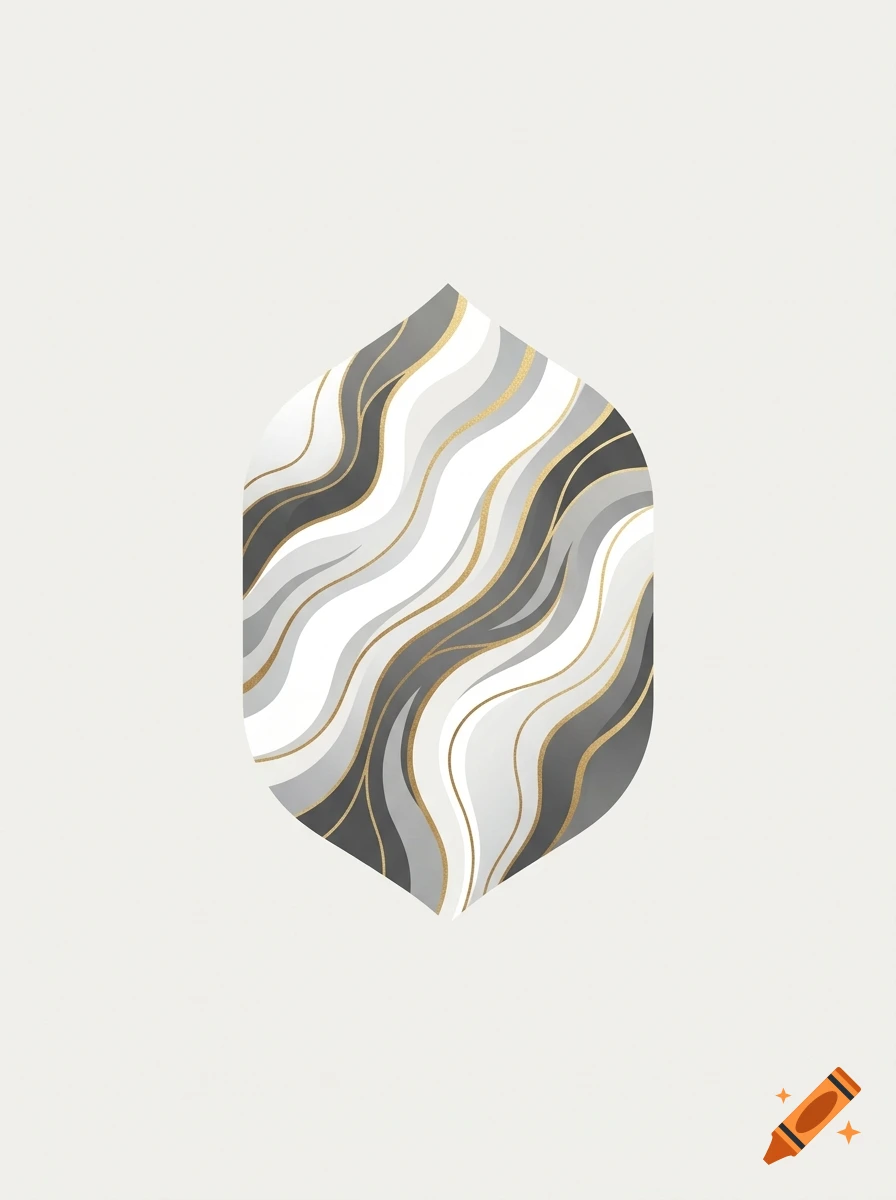 An abstract vertical hexagonal design featuring wavy marble patterns in shades of grey, white, and gold.