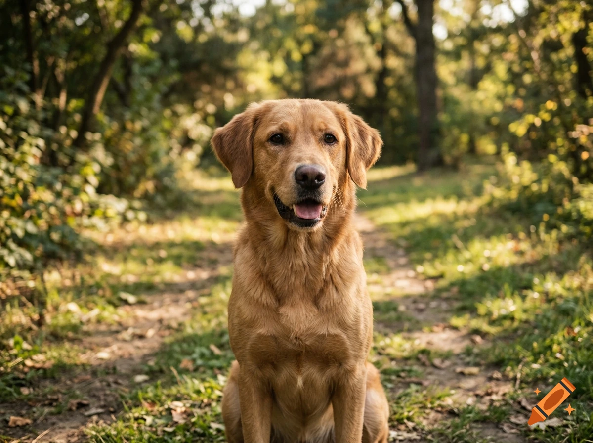 A golden retriever dog sitting on a path in a forest.