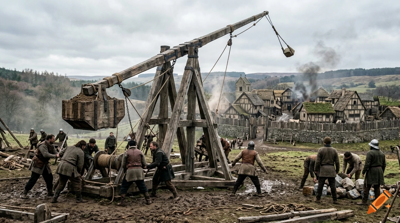 Photorealistic scene of medieval soldiers operating a large wooden trebuchet attacking a fortified village.