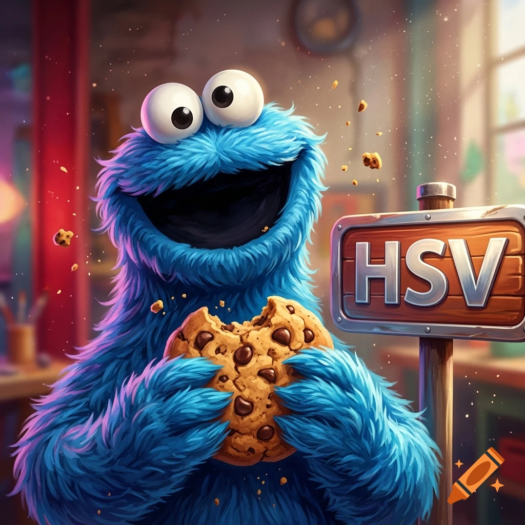 Cookie Monster eating a chocolate chip cookie next to a wooden sign that says HSV, digital art style.
