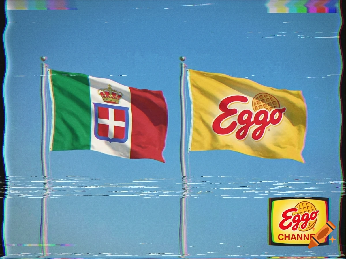 VHS-style image of two waving flags against a blue sky, one of the Kingdom of Italy and one yellow with an Eggo waffles logo.