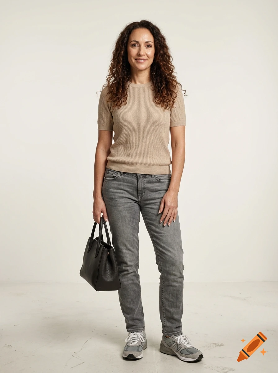 A full-length studio portrait of a woman with curly brown hair standing against a plain background, wearing a beige short-sleeved top, grey jeans, and sneakers, while holding a black handbag.