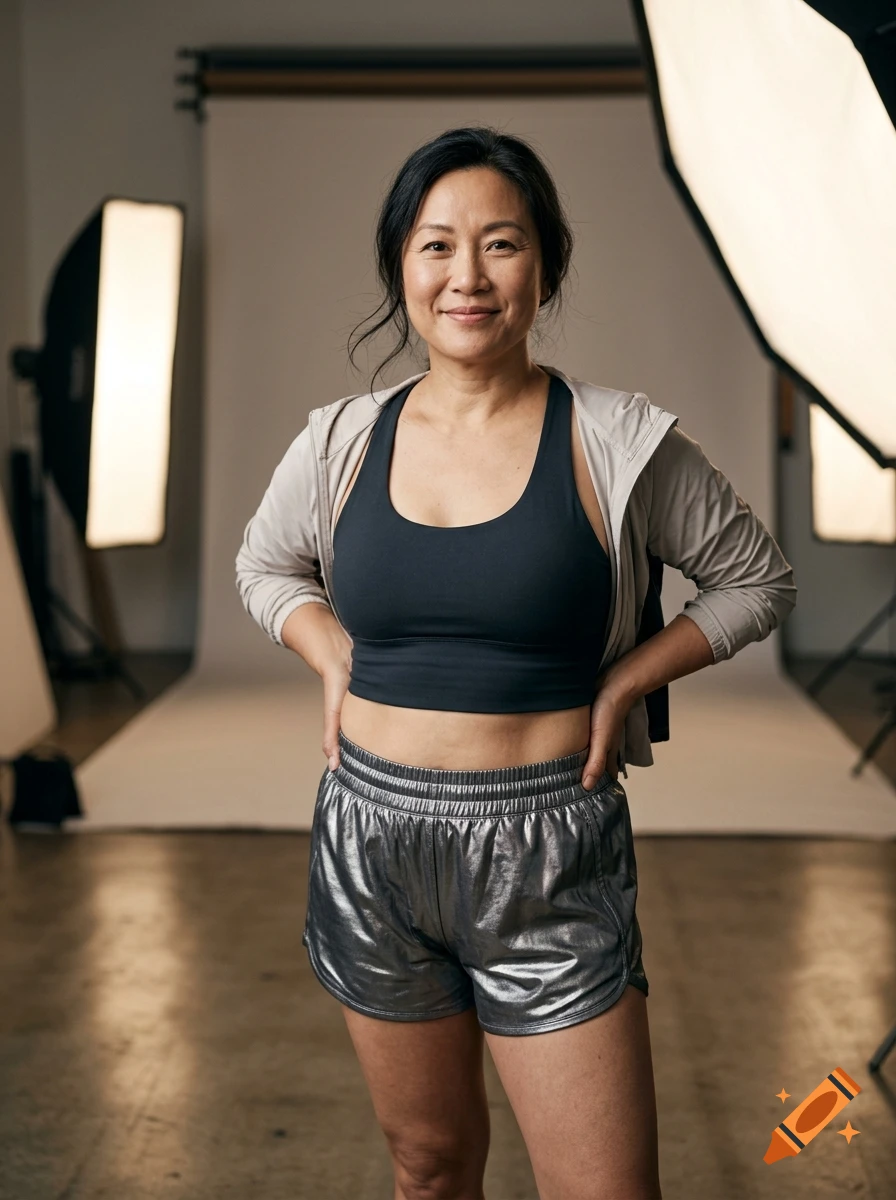 Portrait of an Asian woman in a black sports bra and metallic shorts smiling in a photo studio with lighting equipment.