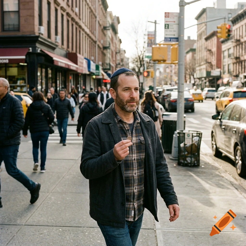 A man wearing a kippah and flannel shirt walks down a bustling city sidewalk, holding a small object.
