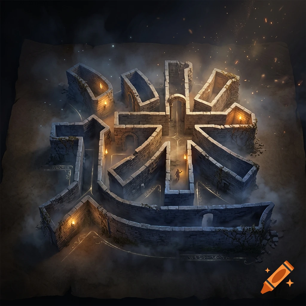 An aerial view of a stone labyrinth shaped like the Chinese kanji character for maze, with glowing magic lines and a tiny figure with a torch inside.
