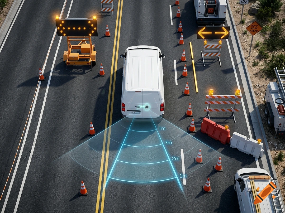 An overhead view of a white van driving on a road surrounded by construction cones and warning signs, featuring a projected distance sensor graphic overlay.