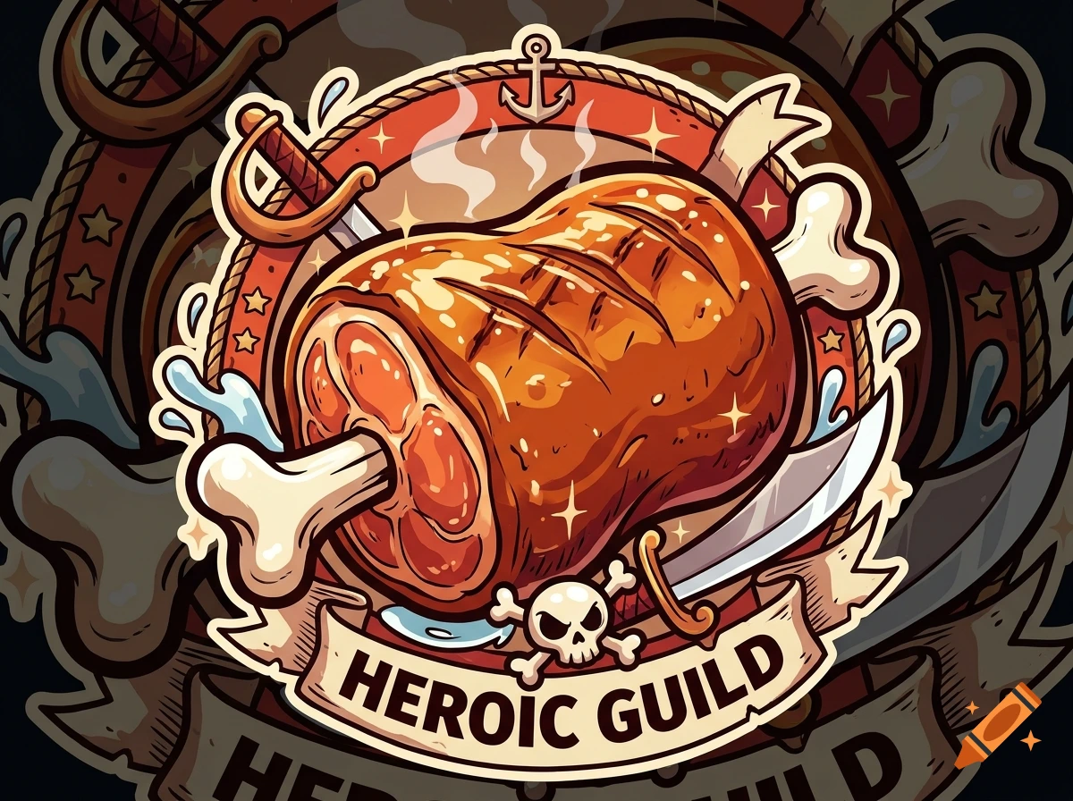 Anime style pirate guild emblem featuring a large piece of meat on a bone, swords, a skull, and the text HEROIC GUILD.