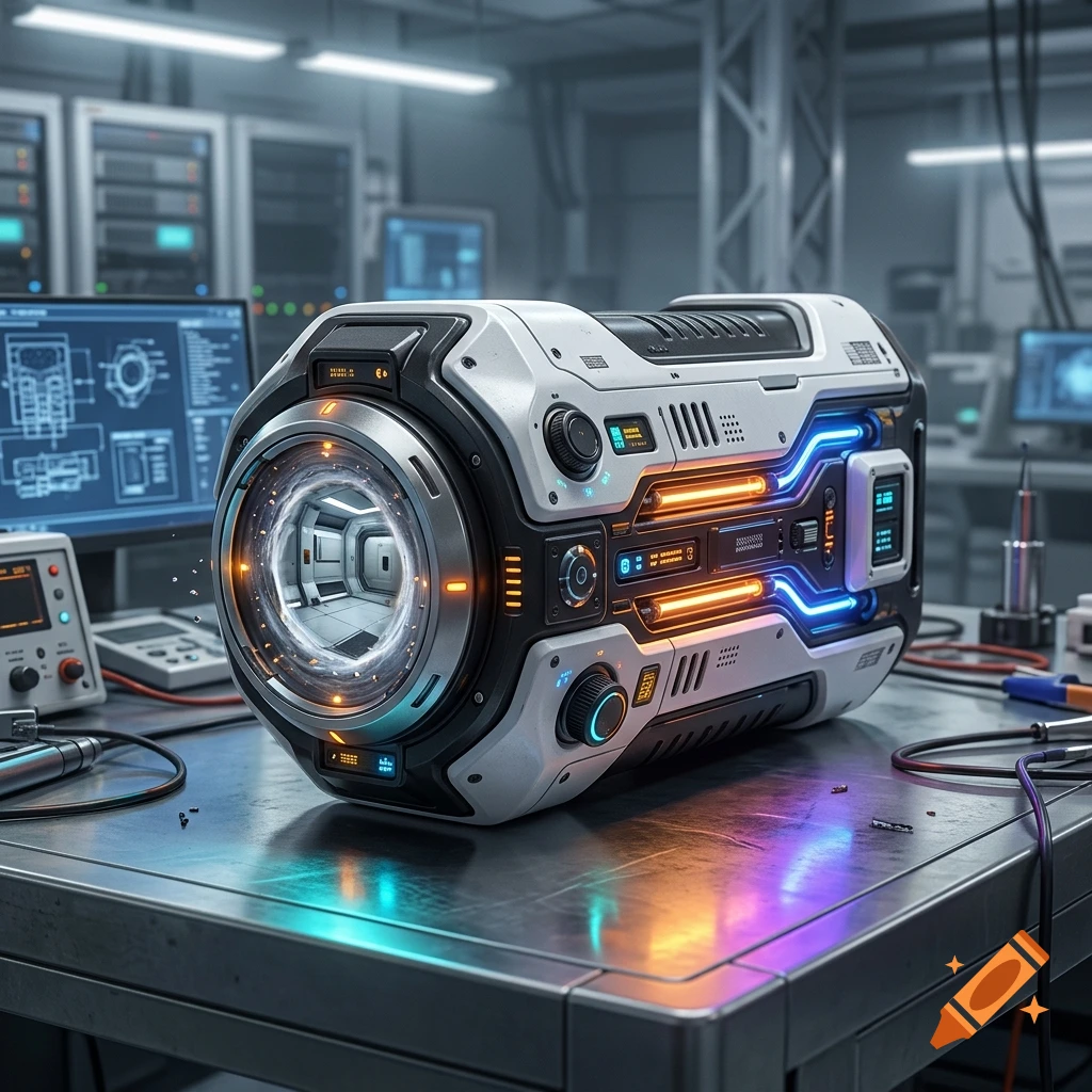 Close-up of a futuristic Aperture science handheld portal device on a metal workbench in a laboratory.