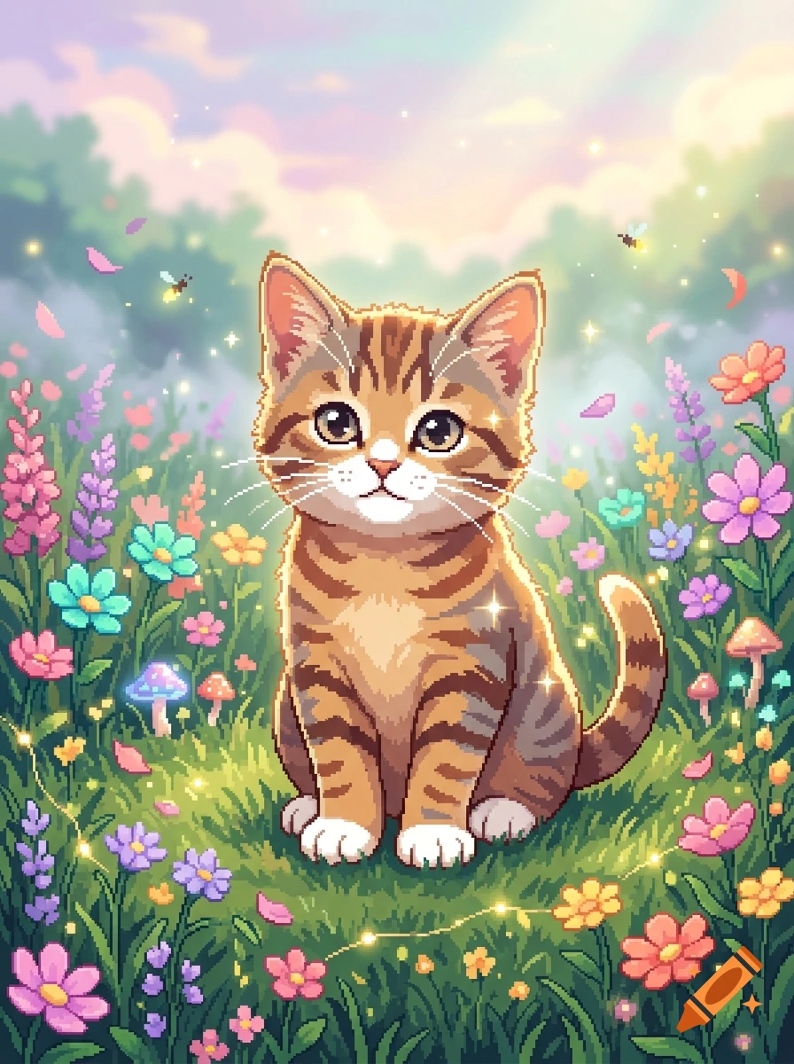 Pixel art style of a cute tabby kitten with white paws sitting in a colorful meadow filled with flowers and glowing light.