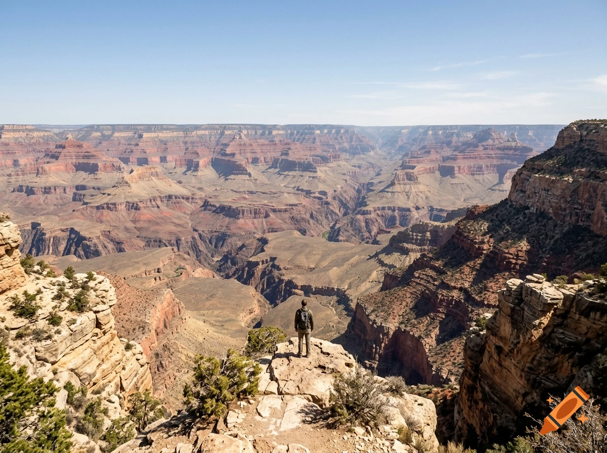 Photorealistic high-angle view of a lone hiker standing on a rocky precipice overlooking the vast Grand Canyon under a clear blue sky.