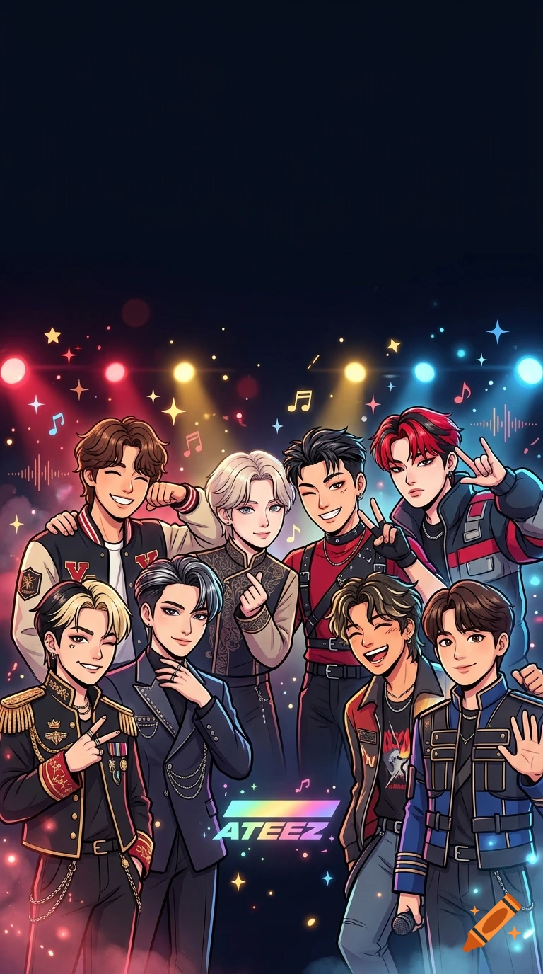 An illustration of the eight members of the K-pop group ATEEZ posing together under stage lights and stars.