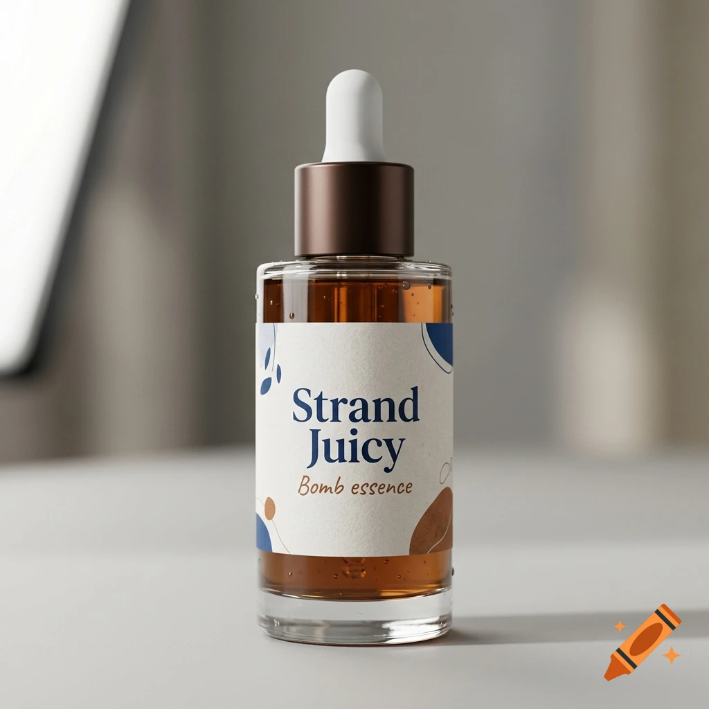 Photorealistic product shot of a brown glass dropper bottle with a white and blue label reading Strand Juicy Bomb essence.